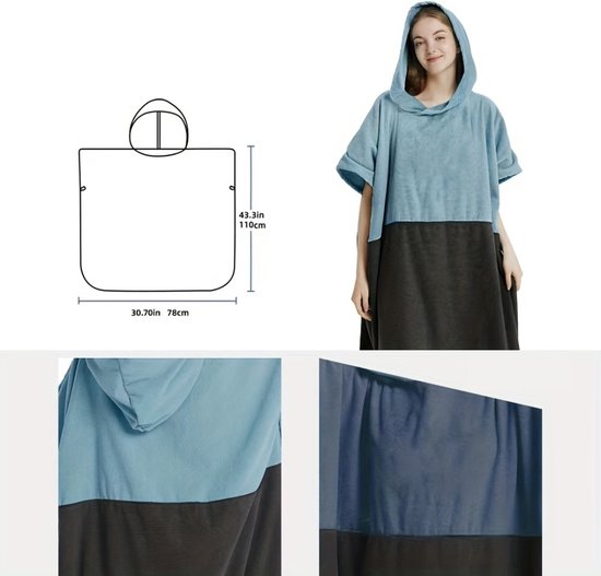 Livano Surf Poncho pour Adultes - Serviette à langer douce - Femme et homme - Bleu clair et gris foncé