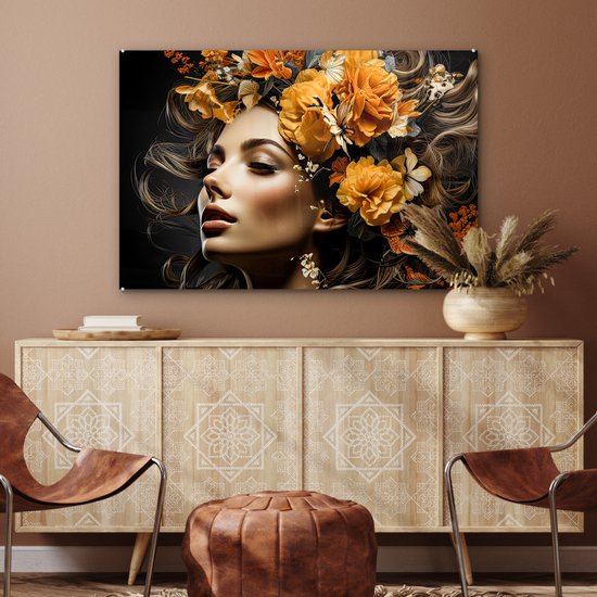 Peinture sur verre 120x80 cm - Femme fleurs - Photo sur verre - Tableau salon portrait - Tableaux plexiglas chambre - Décoration chambre plaque de verre - Décoration Décoration murale peintures sur verre - Décoration murale colorée