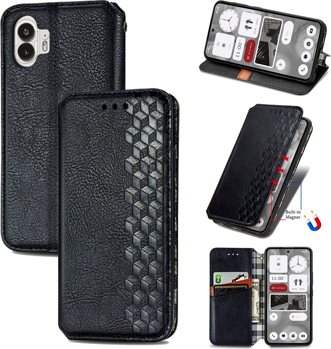 Luxe PU Lederen Ruitpatroon Wallet Case voor Nothing Phone (2) _ Zwart