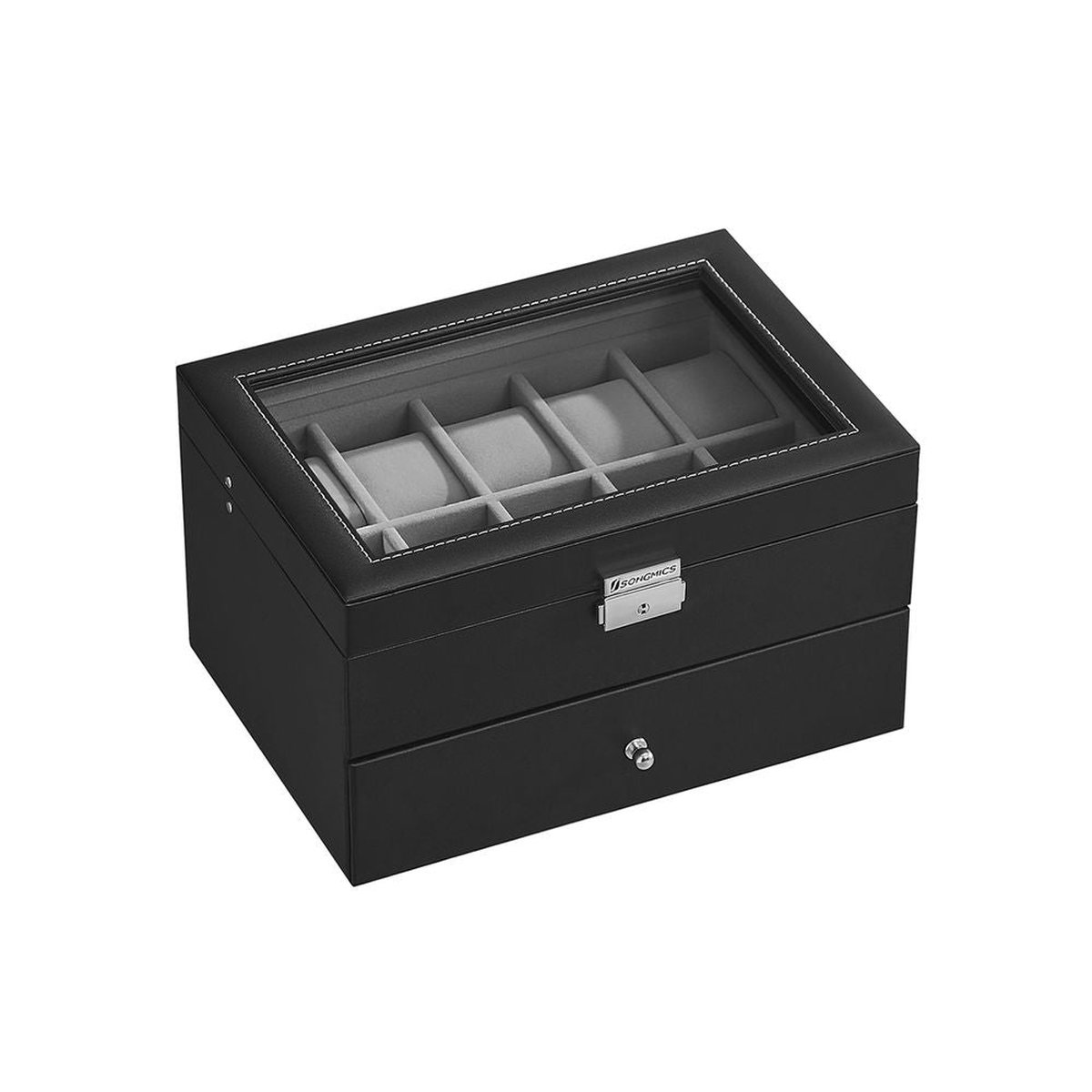 Horlogebox - Elegante horlogebox voor 20 horloges - Horlogeopbergdoos - Luxe horloge-organizer - Reishorlogekast - Horlogebox met meerdere sleuven - Zwart + Grijs - 28,5 x 20,5 x 16 cm (L x B x H)