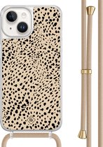 Casimoda® hoesje met beige koord - Geschikt voor iPhone 14 - Stippen bruin abstract - Afneembaar koord - TPU/acryl - Bruin/beige