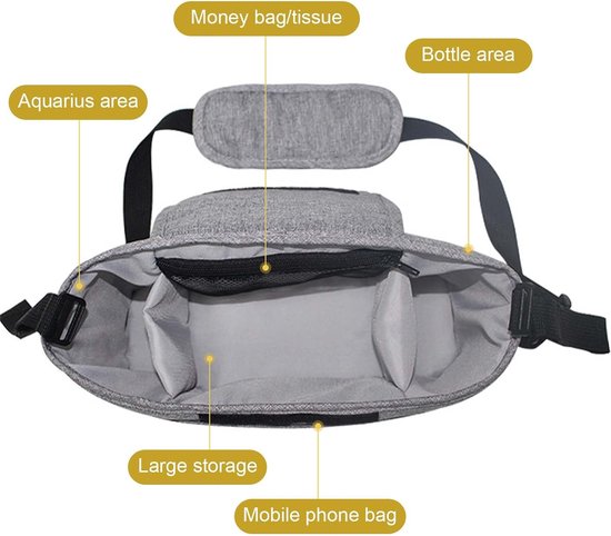 Universele kinderwagenorganizer, luiertas voor baby's met schouderbanden, kinderwagentas, buggy tas, multifunctionele opbergtas voor baby's met 2 bekerhouders (zwart) van BabbleRoo — afbeelding 2