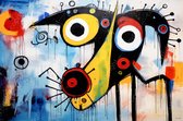 JJ-Art (Aluminium) 90x60 | Gekke hond, abstract in Herman Brood stijl, kunst, felle kleuren | dier, geel, rood, blauw, zwart wit, humor, modern | foto-schilderij op dibond, metaal wanddecoratie