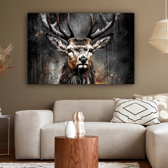 Tableau toile 120x80 cm - Cerf noir - Accessoires décoration chambre - Peintures salon tête de cerf - Décoration murale tête d'animal chambre - Décoration murale cuisine - Toile murale intérieur - Décoration maison