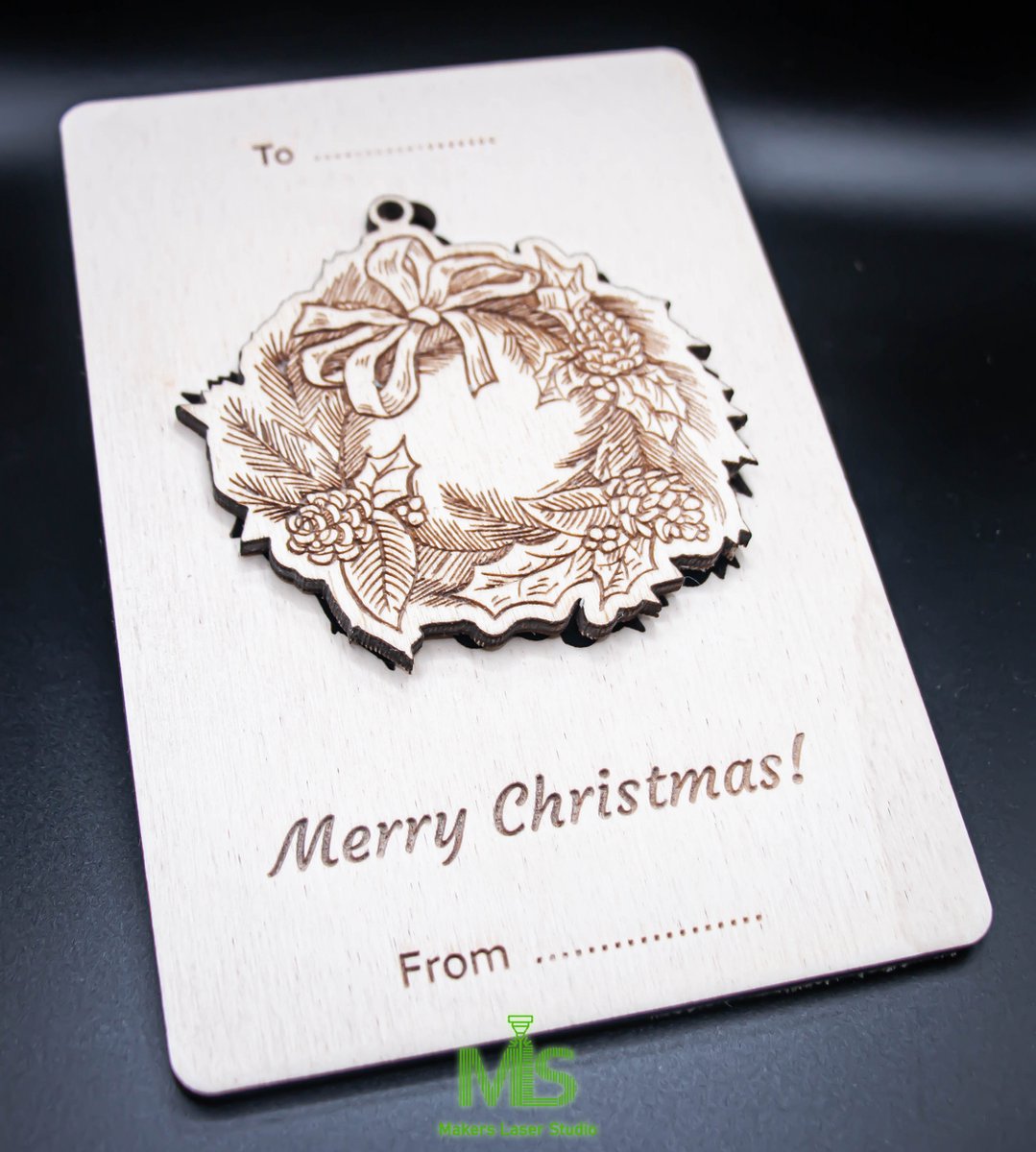 kerstkaart/ houten kerstkaart/kerstkaarten/ kerstkaarten/gepersonaliseerde kerstkaarten/ gepersonaliseerd cadeau/kerstkaart met kerstornament/ kerst staf