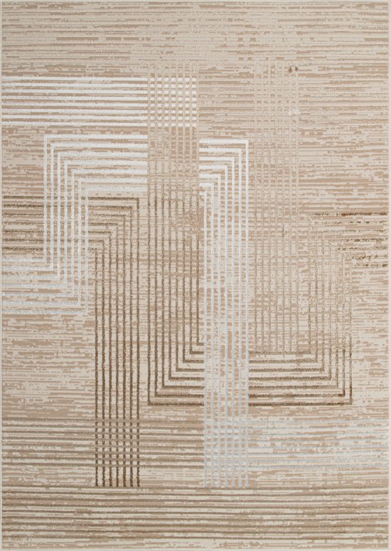 Beige en bruin vloerkleed met een geometrisch lijnenspel en 3D-effect.