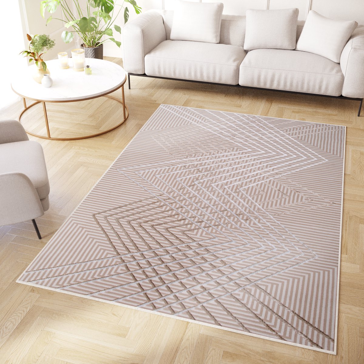 Tapiso Crystal Vloerkleed Beige Zigzag 3D Effect Laagpolig Tapijt Maat- 120x170