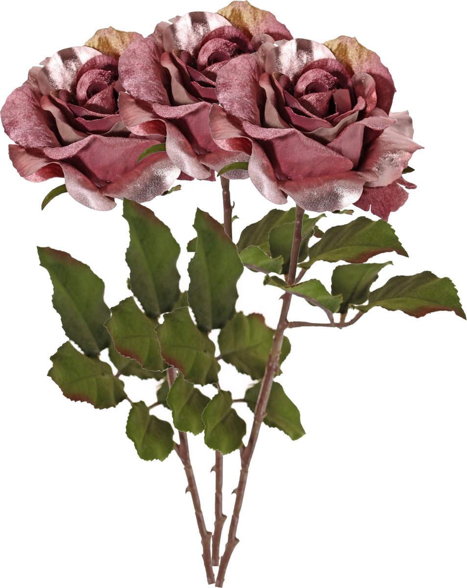 Top Art Kunstbloem roos Glamour - 3x - donker roze - satijn - 61 cm - kunststof steel - decoratie bloemen Donkerroze