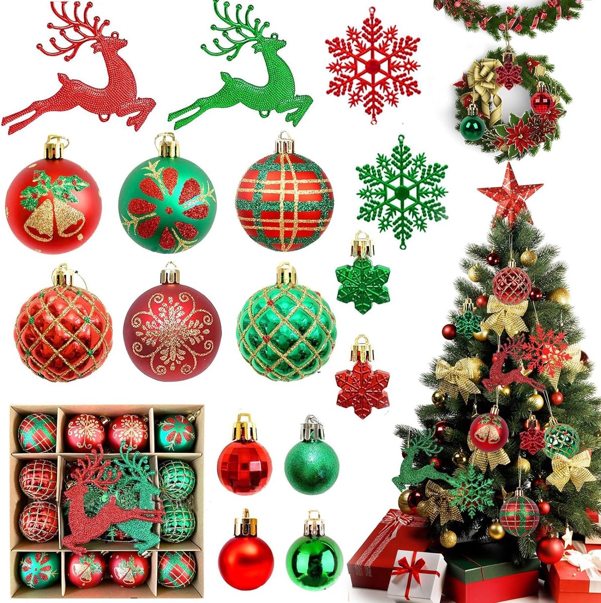SHOP YOLO- SHOP YOLO- Kerstballen-Kerstversiering-6 cm Kerstboom Decoratie met herten ophanging-herbruikbaar-40 stuks