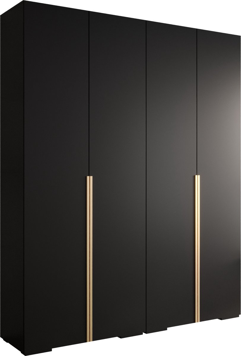 AJE Meubles B.V. Opbergkast Kledingkast met 4 draaideuren Garderobekast slaapkamerkast Kledingstang met planken | Gouden Handgrepen, elegante kledingkast, glamoureuze stijl (LxHxP): 200x237x47 cm - IVONA 1 (Zwart, 200 cm)