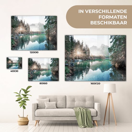 MuchoWow® Peinture sur verre 120x90 cm - Peinture sur verre acrylique - Nature - Arbres - Montagnes - Lac - Photo sur verre - Peintures