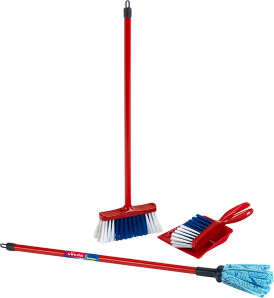 Klein Toys Vileda schoonmaakstation - stoffer, blik, bezem en dweil - incl. station voor ophangen en opbergen - 25x25x66 cm - rood blauw zwart - Klein