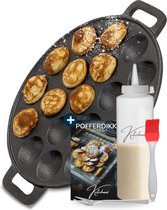 Kitchenz® Poffertjespan - Poffertjesmaker - Dutch Pancake Maker - Gietijzeren Pan incl. Poffertjes Spuitfles, Poffertjesvork & Kwast - Doseerfles 500ml