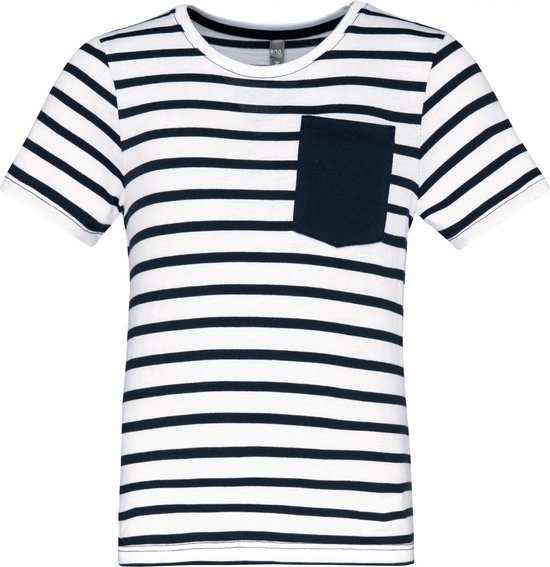 T-shirt Kind 10/12 Y (10/12 ans) Kariban Ronde hals Korte mouw White / Navy Stripes 100% Katoen