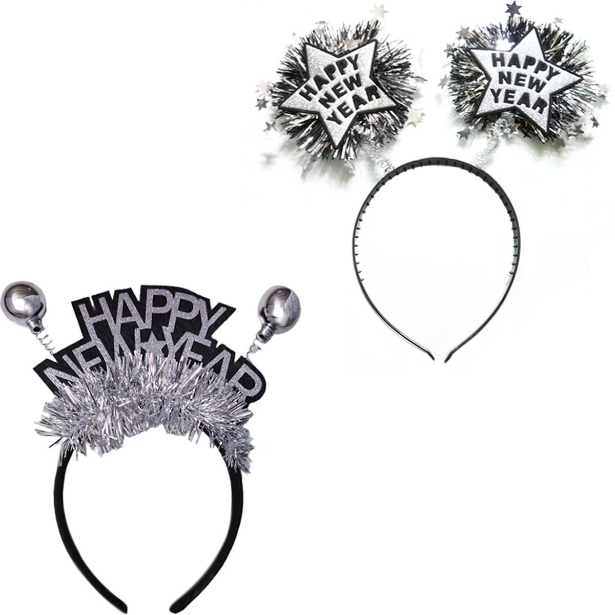 Feesthoedjes Volwassenen Happy New Year Diadeem Oud en Nieuw Versiering Nieuwjaar Decoratie Zilver - 2 Stuks