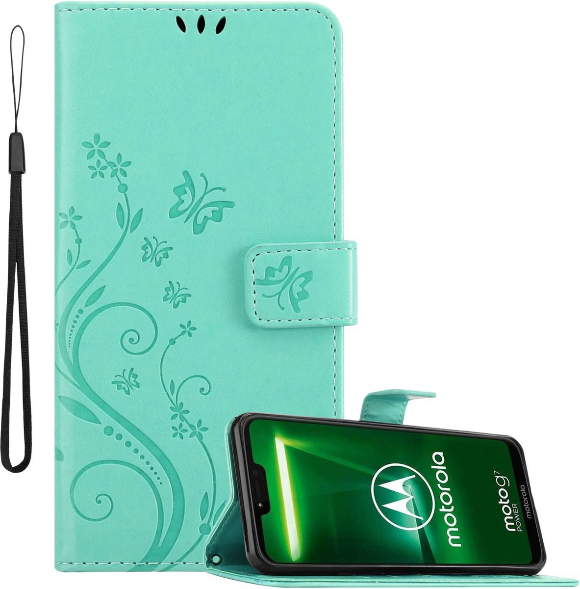 Cadorabo Hoesje geschikt voor Motorola MOTO G7 POWER in BLOEMEN TURKOOIS - Beschermhoes in bloemmotief met magnetische sluiting, standfunctie en kaartsleuven Book Case Cover Etui