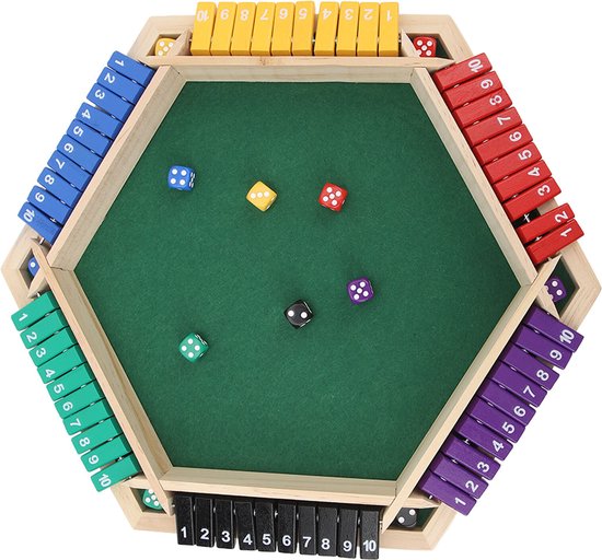 Houten shut the box spel met groen speelveld. Zijkanten met paarse, blauwe, gele, rode, zwarte en groene schuifjes genummerd 1-10. Zes dobbelstenen.