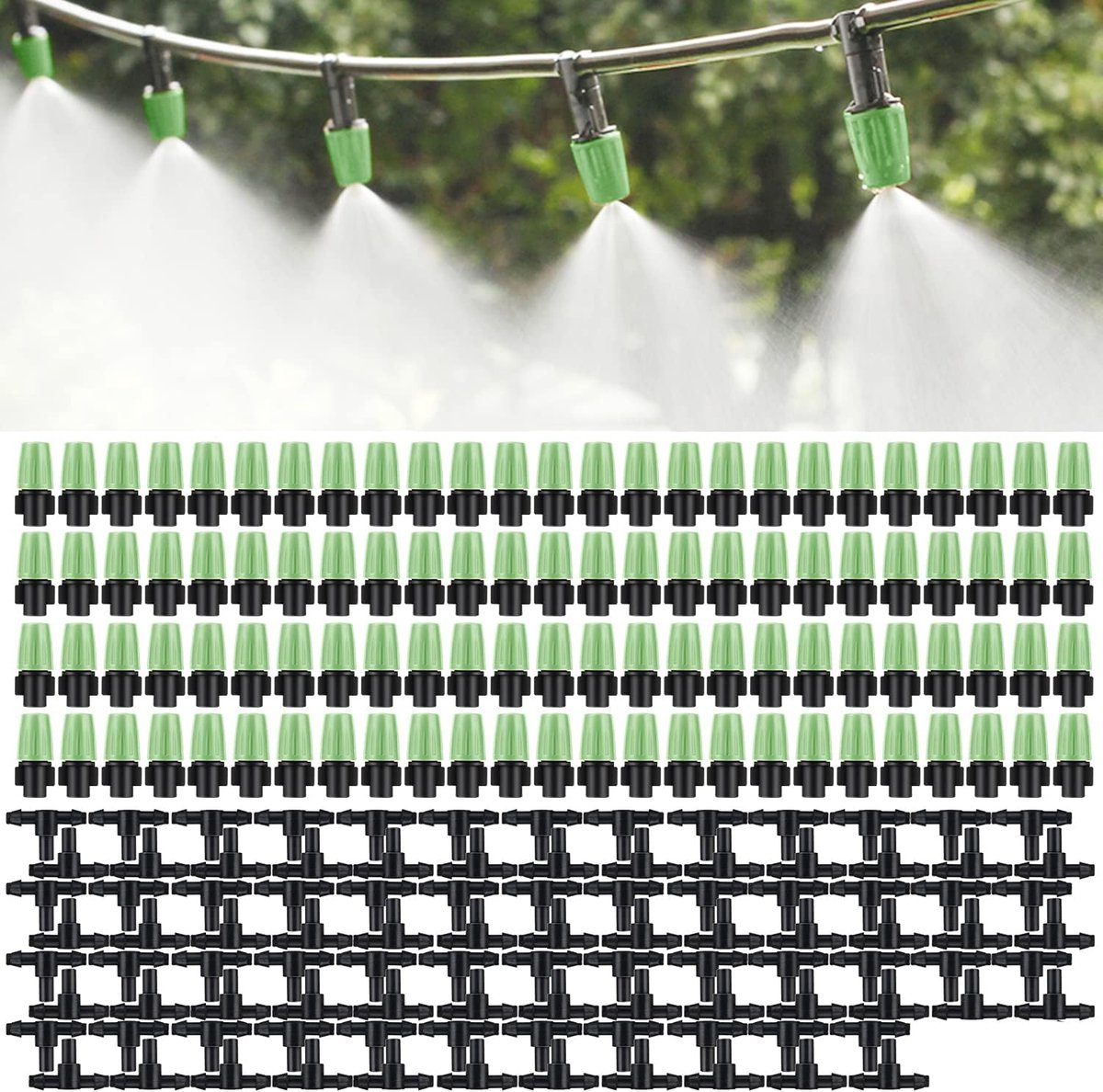 Set van 100 irrigatiesproeiers, verstelbare micro-druppelirrigatiesproeier, emitter-druppelsysteem, irrigatiesproeier voor bloembedden, moestuinen, gazon (groen)
