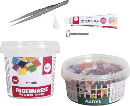 Emmer mozaiek steentjes 1 cm - vierkant - assorti kleuren mix - 1270x stuks - met lijm en voegmiddel