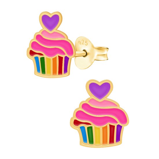 Zilveren oorbellen meisje | Oorbellen kind | Gold plated oorstekers, cupcake in regenboog kleuren en hartje