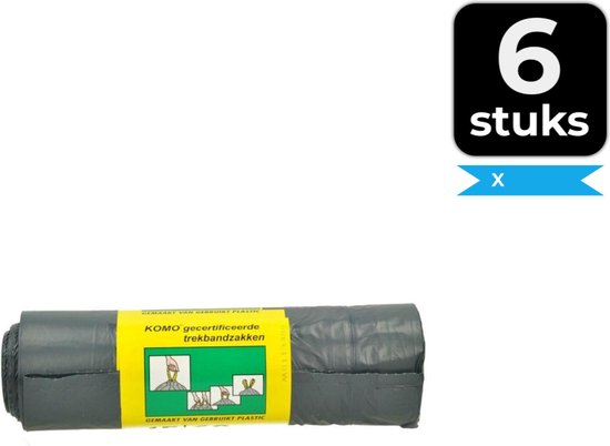 Sacs poubelles noirs KOMO avec cordon, 6 pièces. Rouleau sur fond blanc.