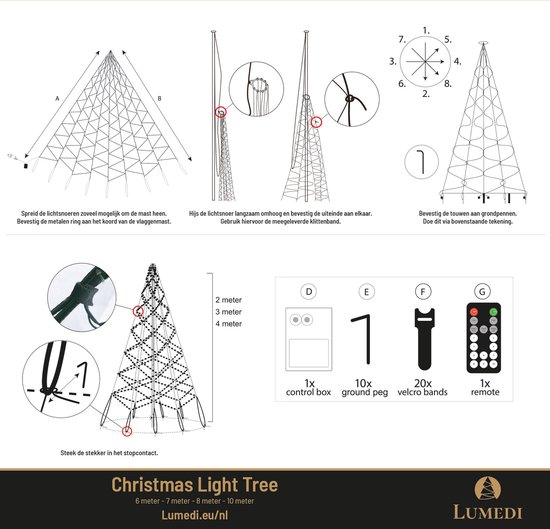 Lumedi - Kerstboom - Vlaggenmast Verlichting - 700cm - 1600 Warm Wit Led Lampjes - Afstandsbediening - Voor Buiten - Lumedi