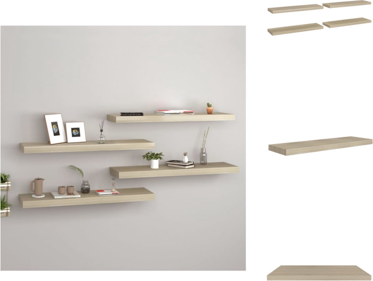 VidaXL Wandplanken Trendy Wandschap Set van 4 80x23.5x3.8cm Eiken Honingraat MDF Metalen Frame Wandsteun