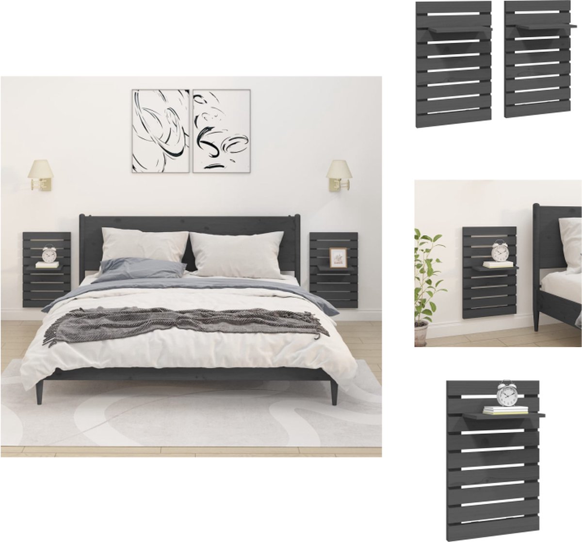 VidaXL Wandgemonteerde Nachtkastjes Massief Grenenhout 40 x 17.5 x 63 cm Grijs Wandsteun