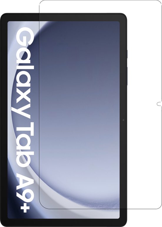 Een doorzichtige screenprotector, passend op een Samsung Galaxy Tab A9+ met het "Galaxy Tab A9+" logo op het scherm.