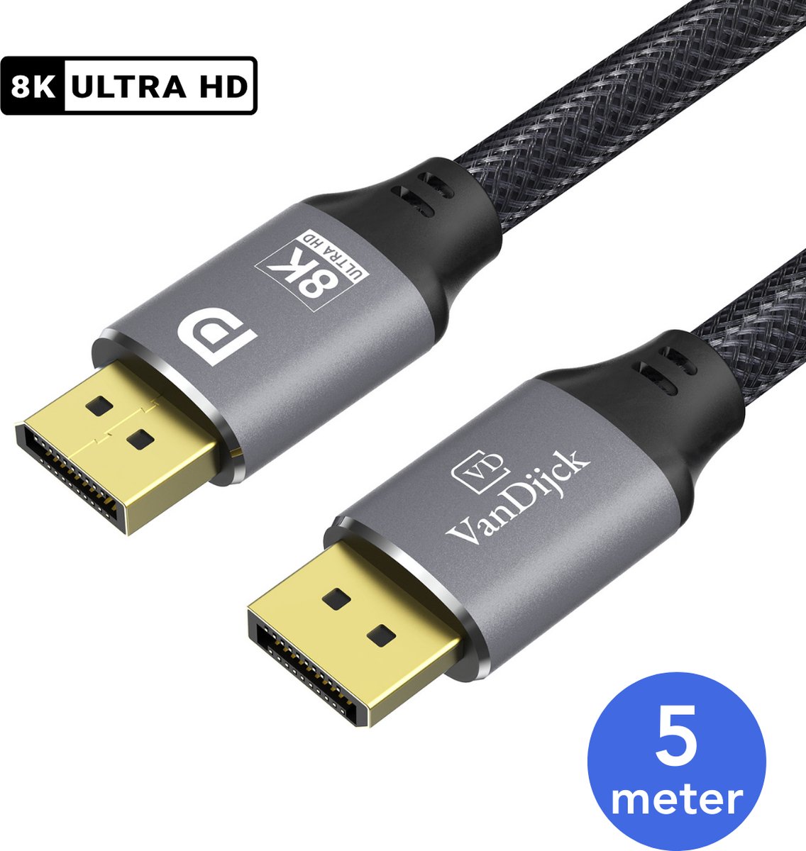 VanDijck® Displayport Kabel - 5 Meter - 8K 60Hz - 4K 144 Hz - 32.4GBps - Displayport 1.4 - DP Kabel - Grijs