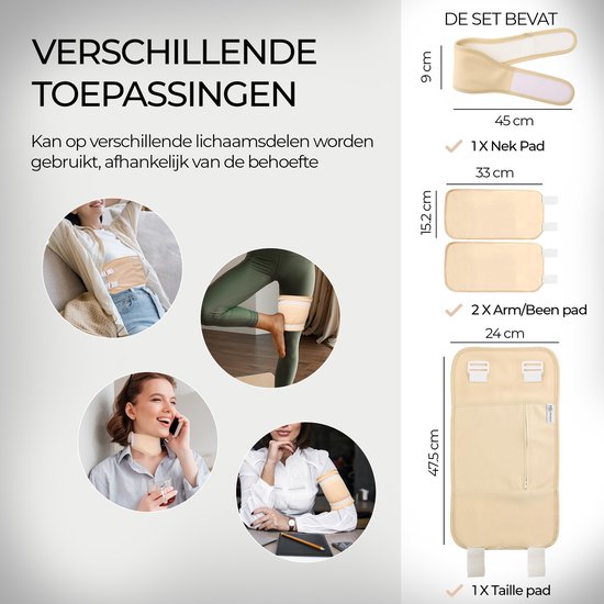 Verschillende toepassingen: nek, arm, been en taille pad. Afmetingen van de pads en de riem zijn weergegeven.