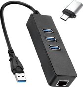 KOUVOLSEN USB 3.0 Hub - usb hub - 4 poorten - Ethernet - Incl. USB-C converter - USB splitter - Splitter - Zwart - 20cm kabel - Geschikt voor Windows, Mac OS, Linux - KOS-9016