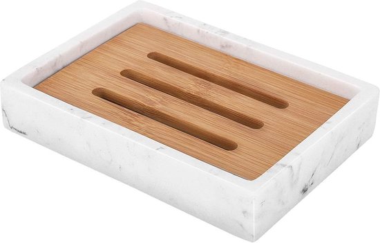 Carrara Zeepbakje met marmer aan afvoer, luxe, rechthoekige golf, zelfdragende zeepschaal voor sponsdeur, keuken, wit, Carrara, 12,5 x 8 x 2 cm