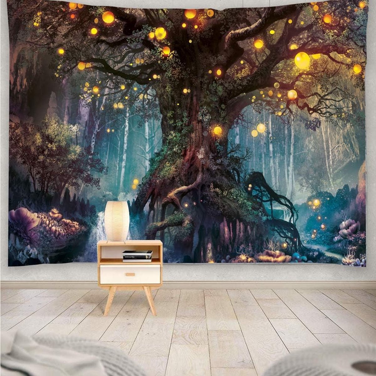 Wandtapijt Met Boom Van Het Leven En De Zon, Maan - Zwart Wit Thuis Decoratie Geschikt Voor Slaapzaal 150 X 130 Cm