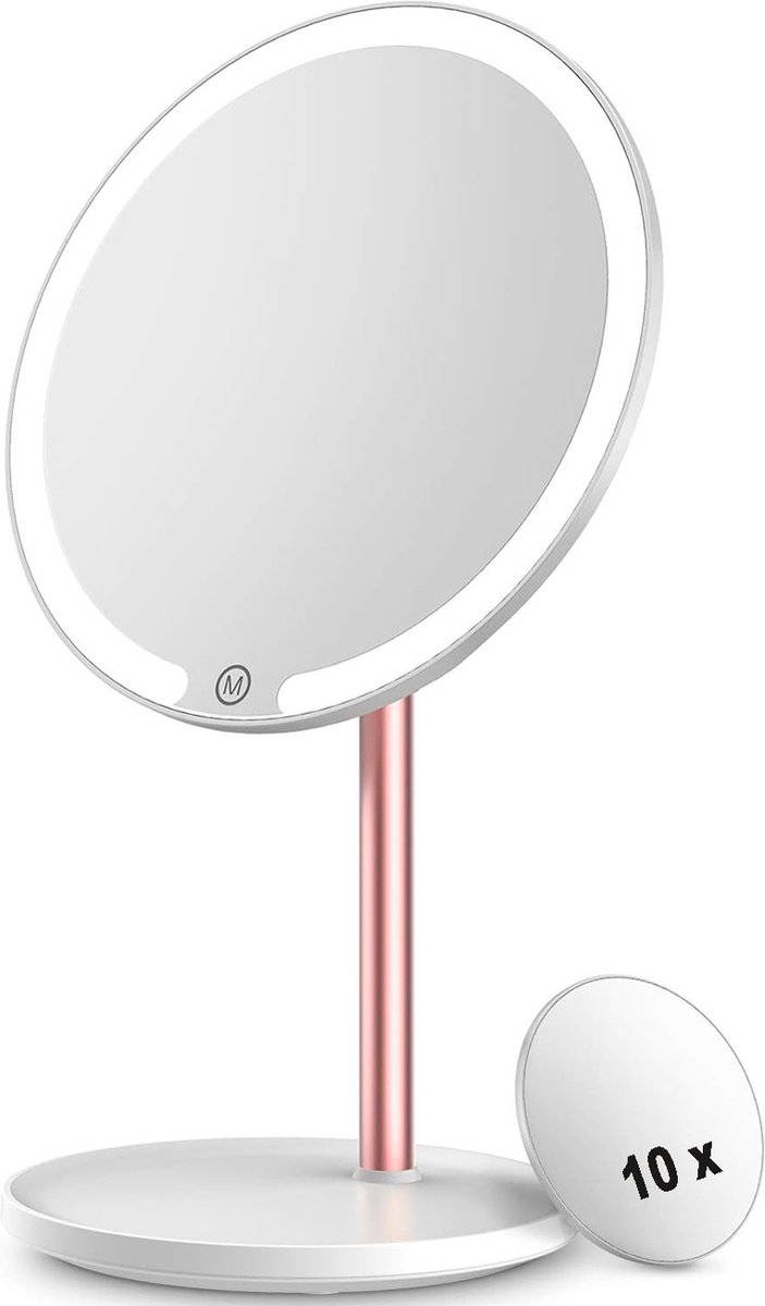 Goedkoopste Rainbecom - Make-up Spiegel - met LED Verlichting - Diameter 20 cm - Wit - Afneembare 10x Vergrotend Spiegeltje - Magnetische make-upspiegel - USB Oplaadbaar - 3 Lichtstanden - Traploos Dimbare Lichtkleuren - Verwijderbaar - Eenvoudig te monteren
