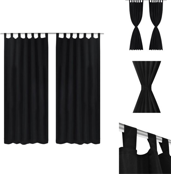 vidaXL Micro Satijnen Gordijnen - 140 x 175 cm - Zwart - Handwasbaar - Inclusief 2 Gordijnen - 2 Gordijnkoorden - Gordijn