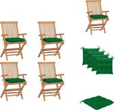 vidaXL Tuinstoelenset - Teakhout - 4 Stoelen - Groen Kussen - Tuinstoel