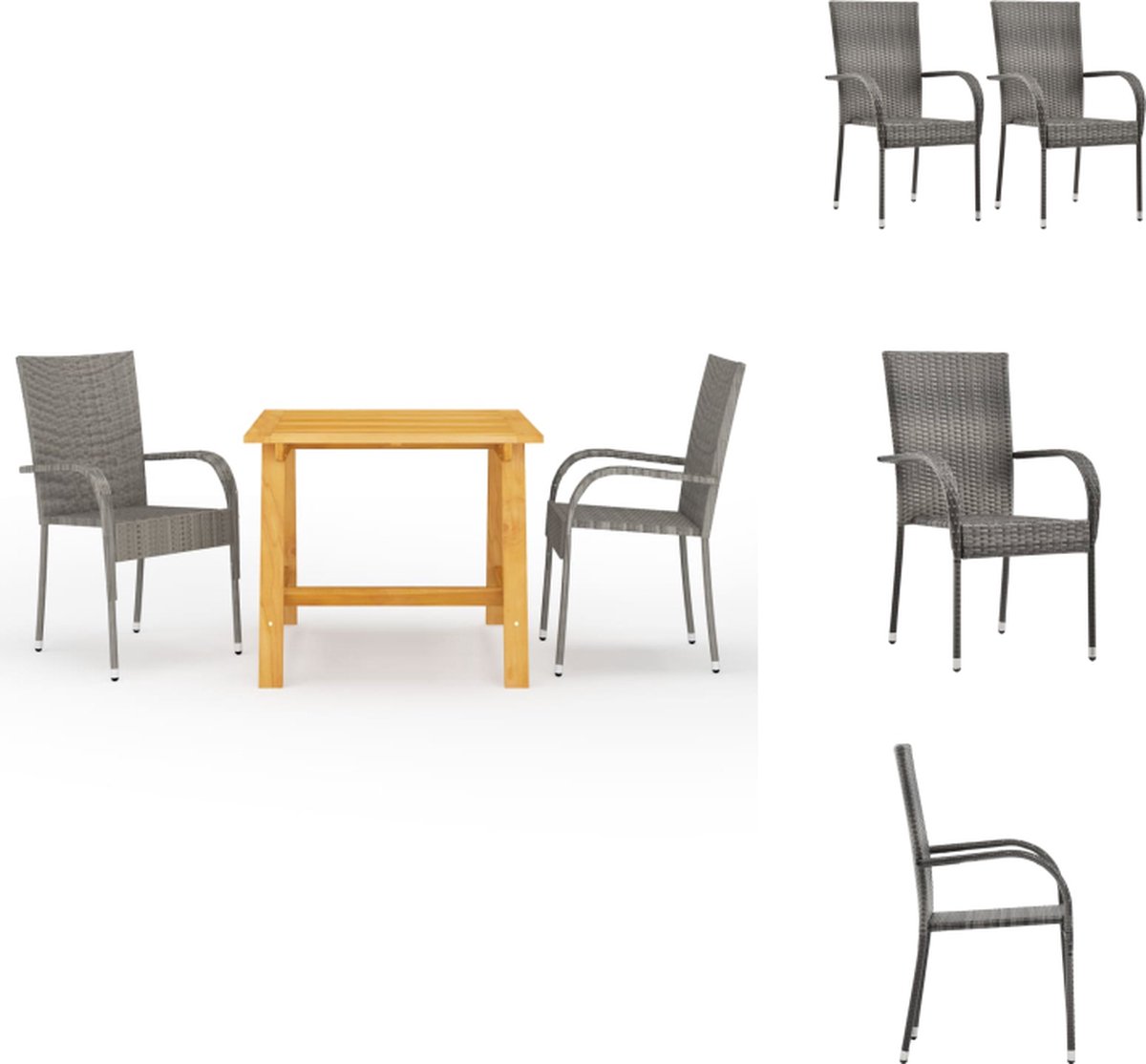 VidaXL Tuinset Acaciahouten eettafel PE-rattan stoelen Grijs 88x88x74 cm (LxBxH) 55.5x53.5x95 cm (BxDxH) Montage vereist 1 tafel 2 stoelen Tuinset