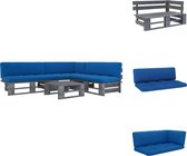 vidaXL loungeset Pallet - grenenhout - koningsblauwe kussens - tafel 60x60x25cm - midden/hoekbank 110x65x55cm - geschikt voor binnen en buiten - montage vereist - Tuinset