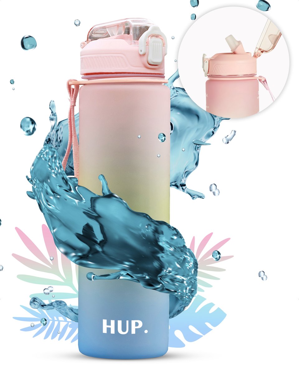Hup. Waterfles Met Rietje - Waterfles 1 liter - Motivatie Drinkfles - Bidon 1 L – BPA- & Lekvrij
