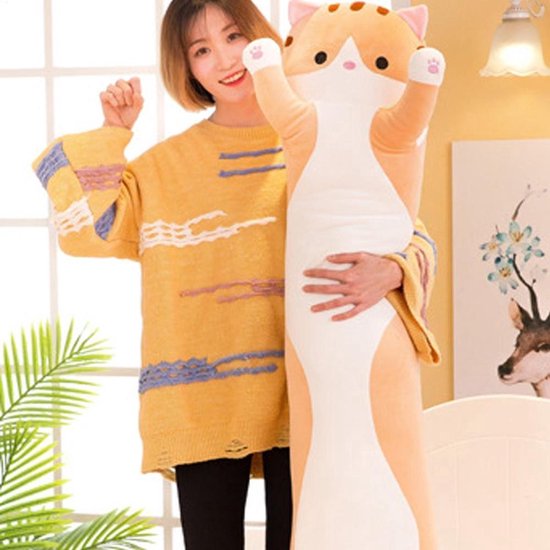 Foto: Klikkopers kawaii kussen lange kat knuffel xxl 130 cm tot 135 cm kawaii knuffel bruin body pillow lichaamskussen zwangerschapskussen knuffel kat