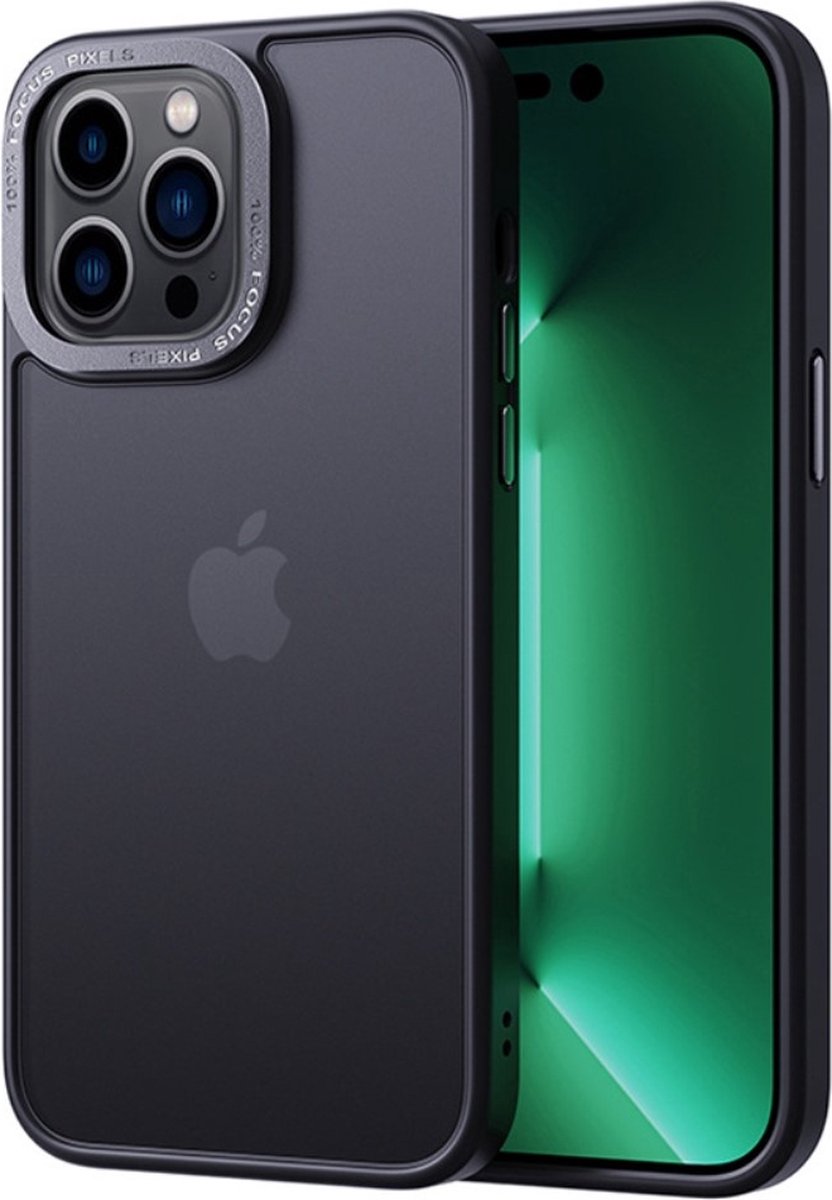 Lunso - Geschikt voor iPhone 15 Pro Max - Back cover hoesje - Metalen ring Zwart