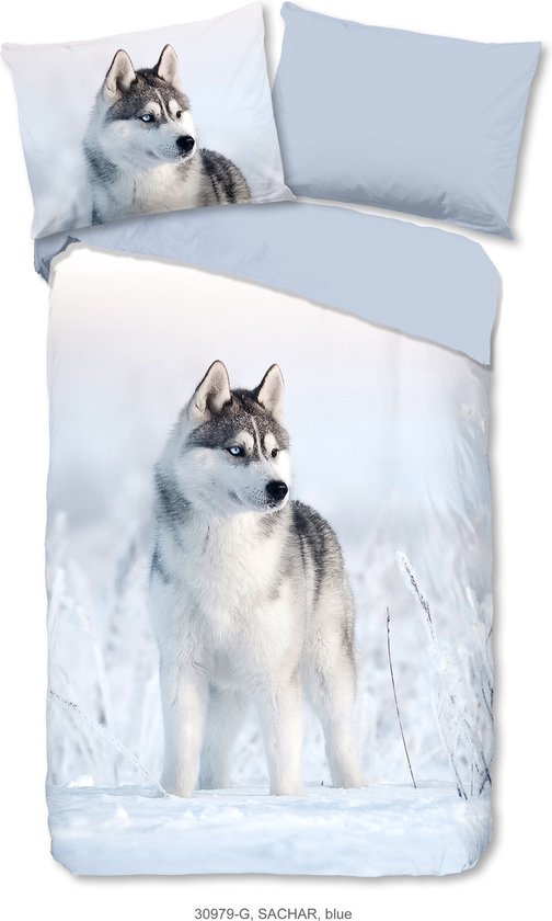 Good Morning Dekbedovertrek "husky hond" - Blauw - (200x200/220 cm) - Katoen