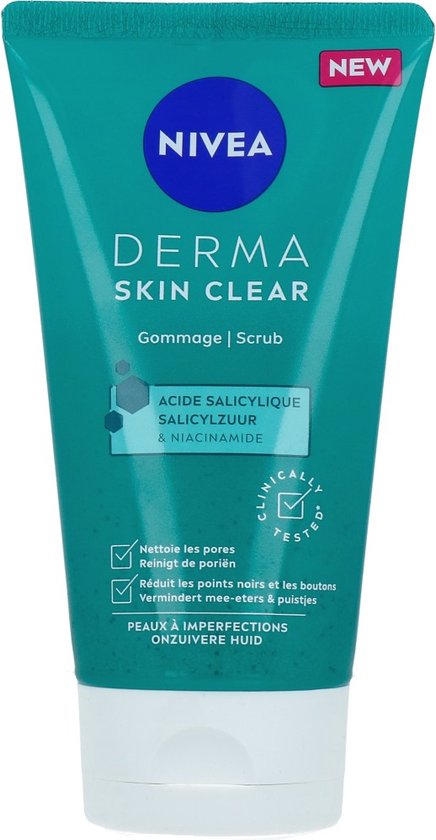 NIVEA DERMA Skin Clear Face Scrub Visage - Gommage Visage - Nettoyant Visage - Pour peaux impures - Avec Acide Salicylique (AHA) et Niacinamide - Anti Acné, Boutons et Points Noirs - 150 ml