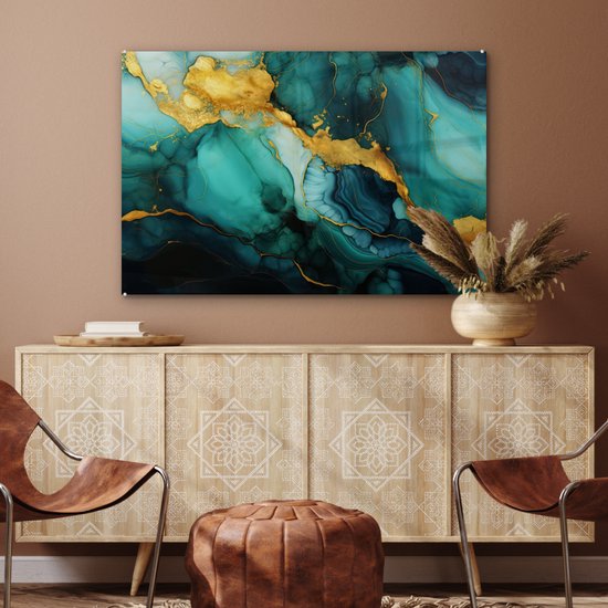 MuchoWow® Peinture sur verre 120x80 cm - Peinture sur verre - Marbre - Or - Blauw vert - Abstrait - Turquoise - Photo sur verre acrylique - Peintures