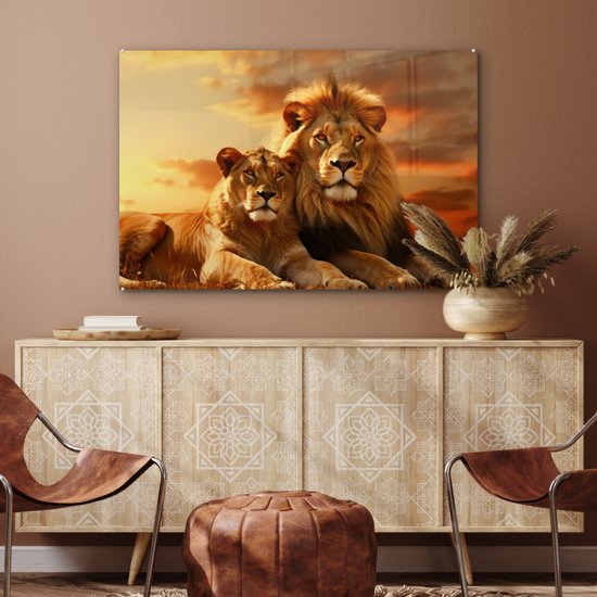 MuchoWow® Peinture sur verre 120x80 cm - Peinture sur verre - Lions - Coucher de soleil - Afrique - Savane - Animaux - Photo sur verre acrylique - Peintures