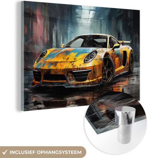 MuchoWow® Glasschilderij 150x100 cm - Schilderij acrylglas - Auto - Geel - Verf - Abstract - Foto op glas - Muurdecoratie woonkamer - Wanddecoratie slaapkamer - Schilderijen