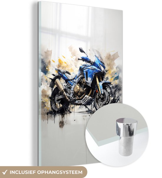 MuchoWow® Glasschilderij 40x60 cm - Schilderij glas - Motor - Bike - Graffiti - Pastel - Blauw - Wit - Goud - Foto op acrylglas - Schilderijen