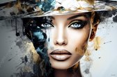 JJ-Art (Glas) 90x60 | Vrouw met blauwe ogen, hoed, abstract, kunst | mens, blauw, turquoise, grijs, bruin, goud, modern | Foto-schilderij-glasschilderij-acrylglas-acrylaat-wanddecoratie