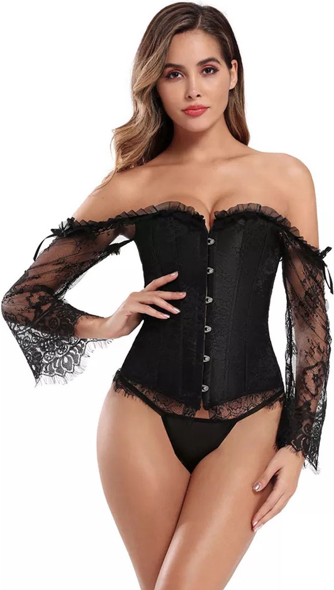Goedkoopste Corset Dames Zwart Kant – Off Shoulder Sexy Lingerie – Lange Mouwen